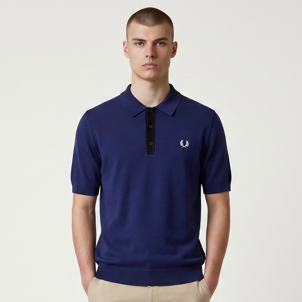 Fred Perry Knit Polo Shirt Mens XXL Navy Blue  Short Sleeve K7506 Laurel Wreath